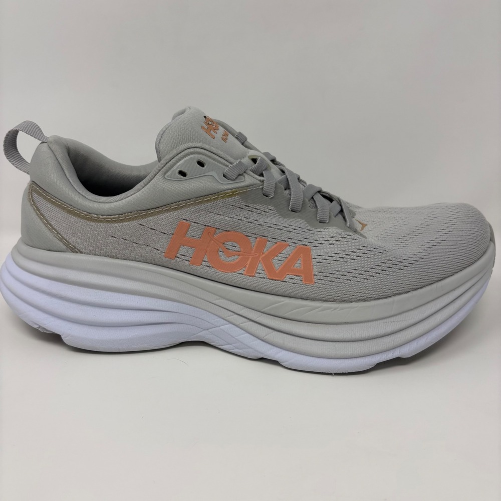 Hoka Bondi 8 Womens Size 9.5 Grey Orange White Athletic Running Shoes Sneakers